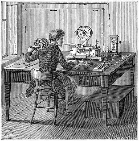 Operator receiving a message in Morse code on an electric printing telegraph, 1887. Artist: Unknown