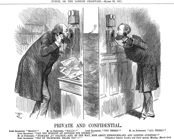 'Private and Confidential', opening of the Anglo-French telephone line, 1891. Artist: John Tenniel