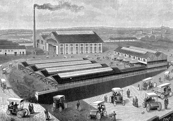 Factory for making, recharging and servicing electric cabs, Aubervilliers, France, 1899. Artist: Unknown