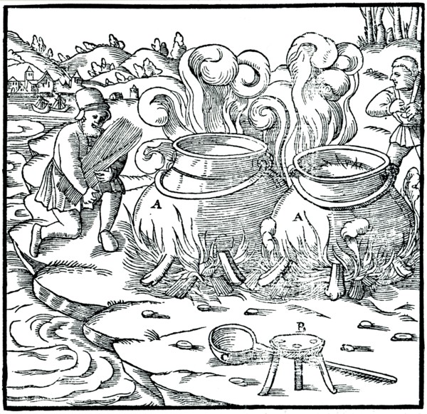 Evaporating sea water in iron pots to obtain salt, 1556. Artist: Unknown