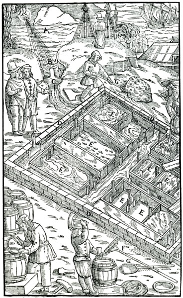 Producing salt by evaporating sea water in salt pans, 1556. Artist: Unknown