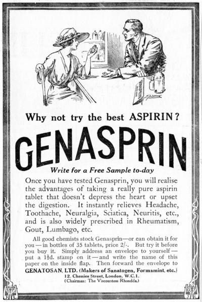 Advertisement for Genasprin, a proprietary brand of the drug Aspirin. 1919. Artist: Unknown