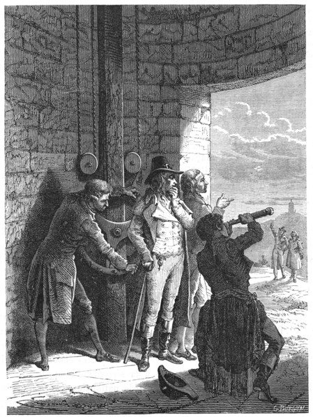 Claude Chappe demonstrating his optical telegraph (semaphore) system in 1793 (c1870). Artist: Unknown