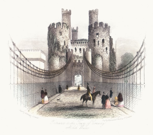Suspension bridge over the Conwy estuary, Wales, c1840. Artist: Newman & Co