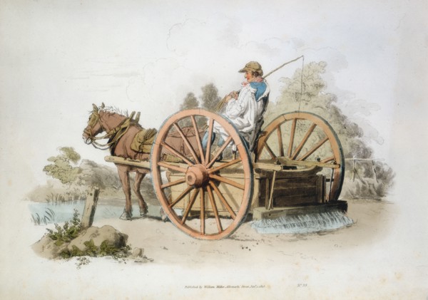Watering cart for keeping down dust on roads, 1808. Artist: William Henry Pyne