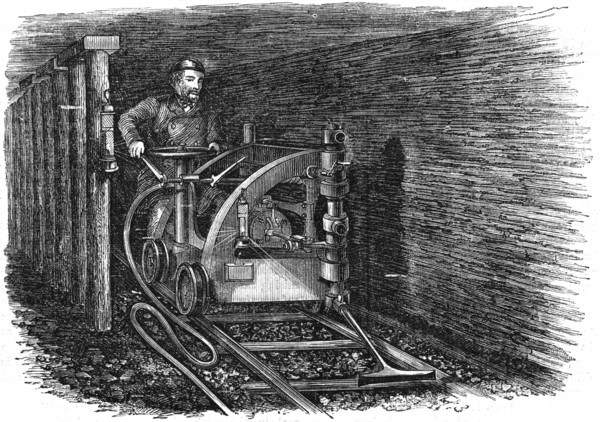 Rail mounted coal cutting machine, 1864. Artist: Unknown