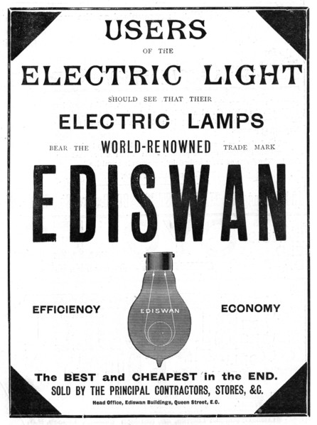 Advertisement for Ediswan incandescent light bulbs, 1898. Artist: Unknown
