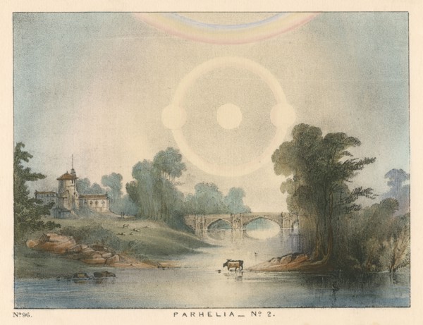 Parhelia (mock suns) combined with a halo and rainbow, 1721 (1845). Artist: Unknown