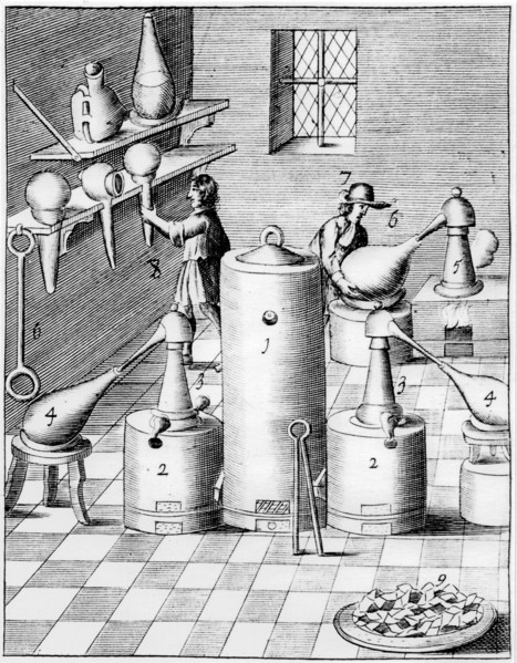 Laboratory for refining gold and silver, showing typical laboratory equipment, 1683. Artist: Unknown