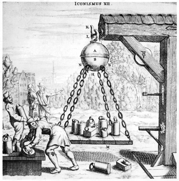 Von Guericke's demonstration of the power of air pressure, 1672. Artist: Unknown