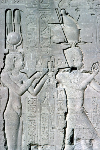 Vertical detail of a relief of Cleopatra and Caesarion, Temple of Hathor, Dendera, c125 BC-c60 AD. Artist: Unknown