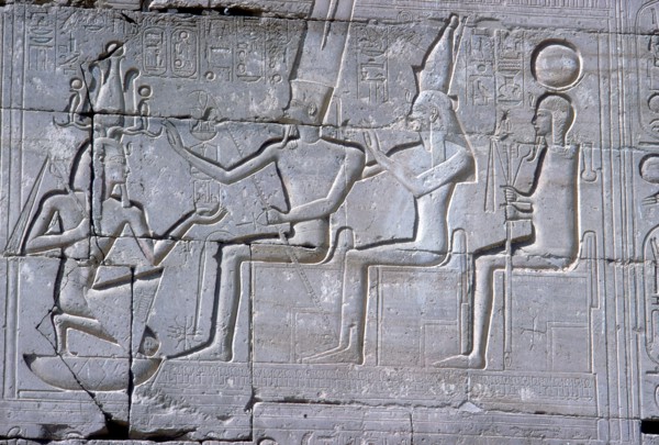 Relief of Rameses II kneeling before Amun Mut & Khons, The Ramesseum, Luxor, Egypt, c1250 BC. Artist: Unknown