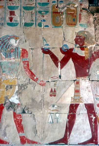 Detail of painted relief of Tuthmosis III before Horus, Temple of Hatshepsut, Luxor, 15th centuryBC. Artist: Unknown