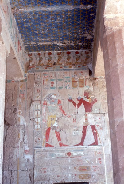 Painted relief of Tuthmosis III before Horus, Temple of Hatshepsut, Luxor, Egypt, c15th century BC. Artist: Unknown