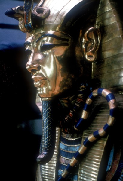 Gold mask of Tutankhamun on the second coffin. Artist: Unknown