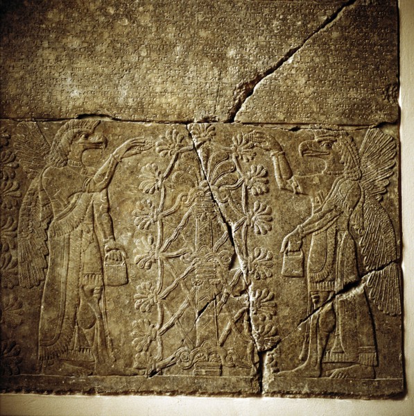Assyrian relief of a Sacred tree flanked by two winged genies. Artist: Unknown