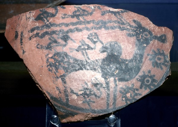 A sherd of pottery with humped bull and birds, Indus Valley, Harappa, c2600 BC. Artist: Unknown