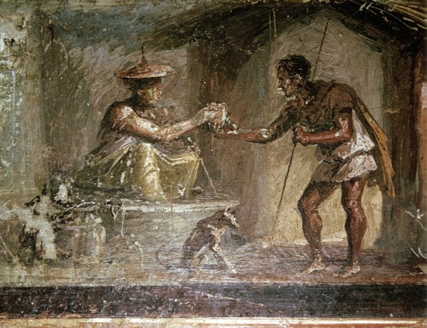 Roman wallpainting of a traveller and a water-seller, Pompeii, Italy. Creator: Unknown.
