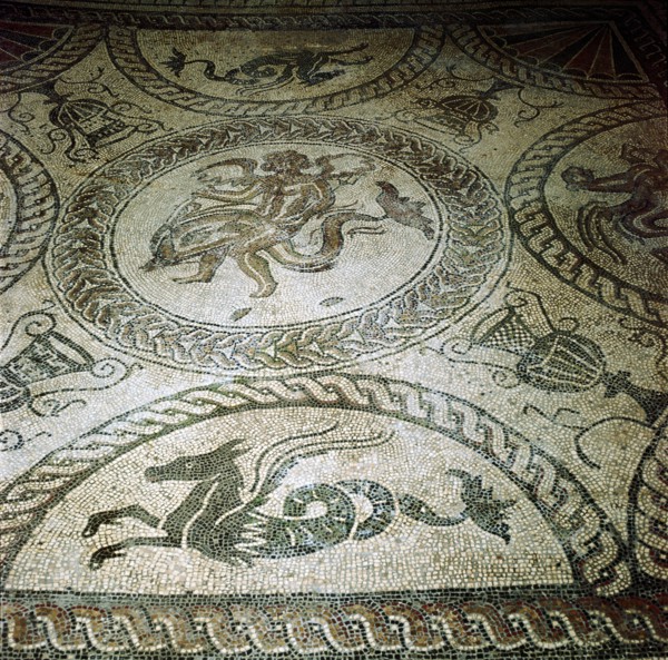 Seahorse and Cupid on Dolphin mosaic, Fishbourne Roman Villa, Sussex. Artist: Unknown