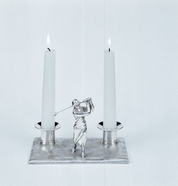 Silver candleholder with female golfer figure, 1930s. Artist: Unknown