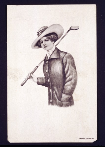 Postcard of woman holding golf club, c1900. Artist: Unknown