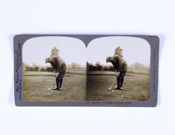 Stereoscopic card showing Harry Vardon pitching his ball over his opponent's, c1900. Artist: Unknown