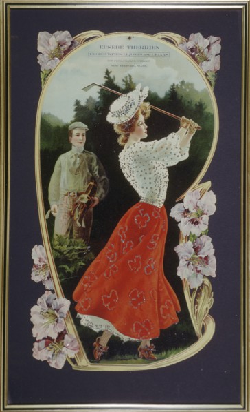 Lady golfer playing a shot, watched by her caddy, c1910. Artist: Unknown