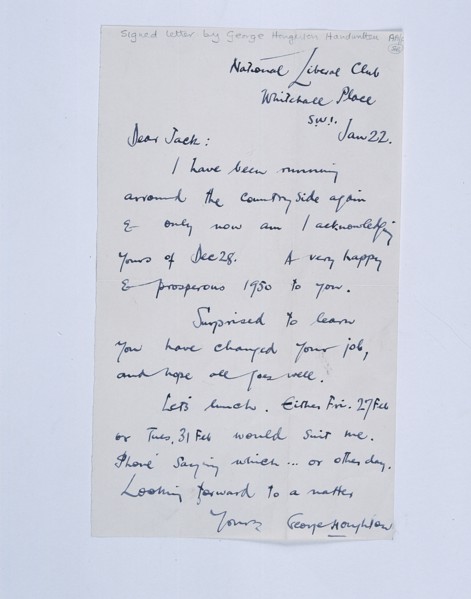 Handwritten letter by golfing author and cartoonist George Houghton, c1950s. Artist: George Houghton