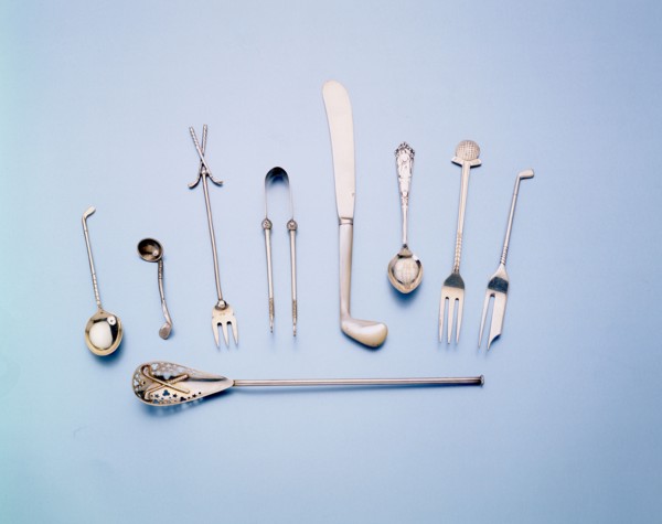 Silver and mother-of-pearl cutlery with a golfing theme, 1920s. Artist: Unknown