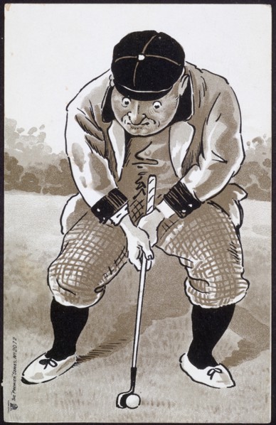 Man concentrating hard on golf putt, c1930s. Artist: Unknown