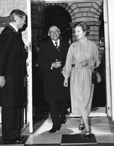 Margaret Thatcher (1925-), British Prime Minister with Menachem Begin, Israeli Prime Minister, 1987. Artist: Sidney Harris