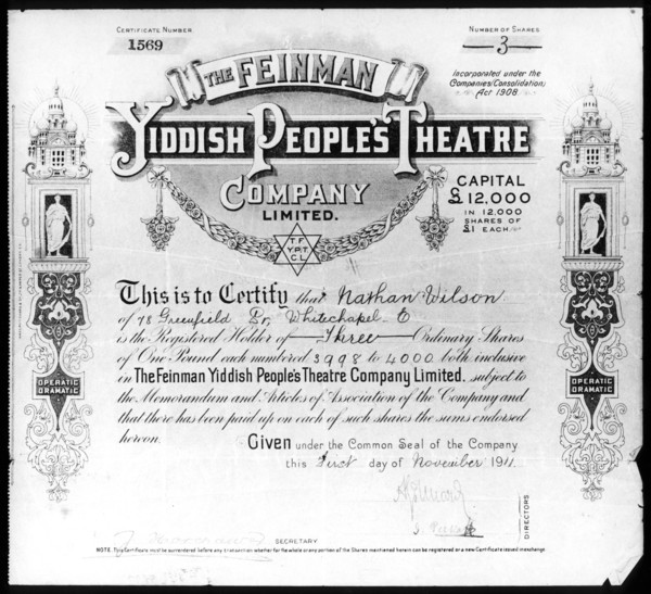 Yiddish People's Theatre share certificate, 1 November 1911. Artist: Unknown