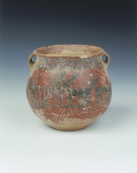 Ochre red slipped pottery jar with deer and archer, Karuo culture, China, c2300-c1800 BC. Artist: Unknown