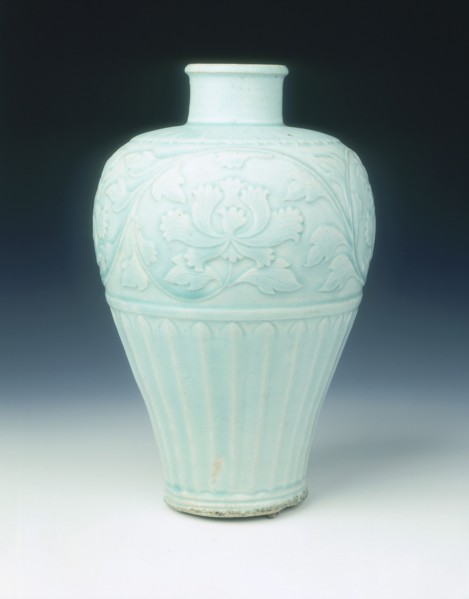Qingbai meiping vase with carved peonies, Yuan dynasty, China, late 13th-early 14th century. Artist: Unknown