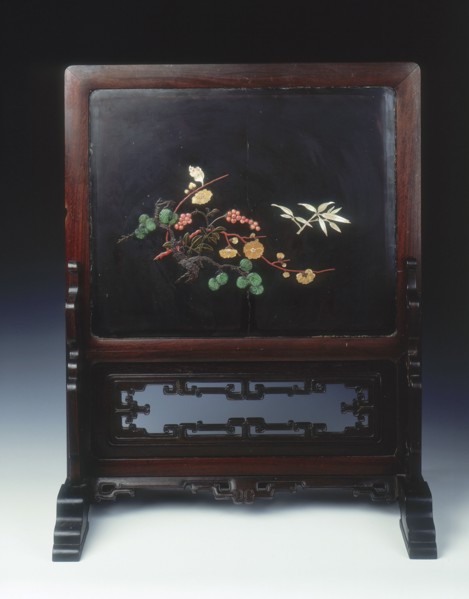 Lacquer plaque mounted as a screen, with various inlays, Qing dynasty, China, 1st half 18th century. Artist: Unknown