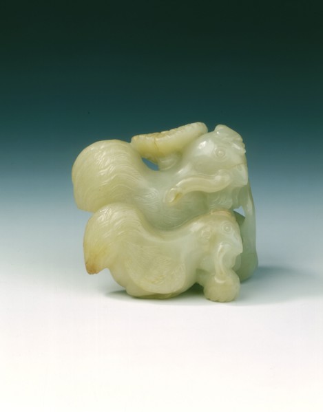 Pair of jade chickens with floral sprays in their mouths, early Ming dynasty, China, 1368-1499. Artist: Unknown