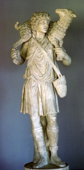 Statue of Jesus as the good shepherd, early Christian Catacombs, Rome, Italy. Artist: Unknown