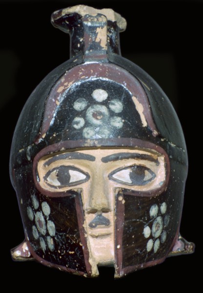 Terracotta scent-bottle in the shape of a helmeted head, Rhodes, Greece, c600-550BC. Artist: Unknown