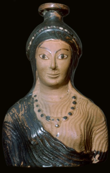 Teracotta scent-bottle in the shape of a woman's bust, made in Rhodes. Artist: Unknown