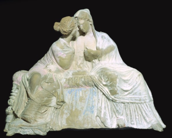 Greek terracotta statuette of two women chatting. Artist: Unknown