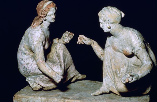 Terracotta group of 'knucklebone' (astragalos) players, Hellenistic Greek, c330-c300 BC. Artist: Unknown