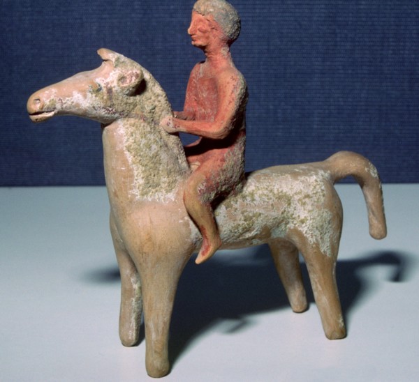 Greek terracotta statuette of a horse and rider, 6th century BC.