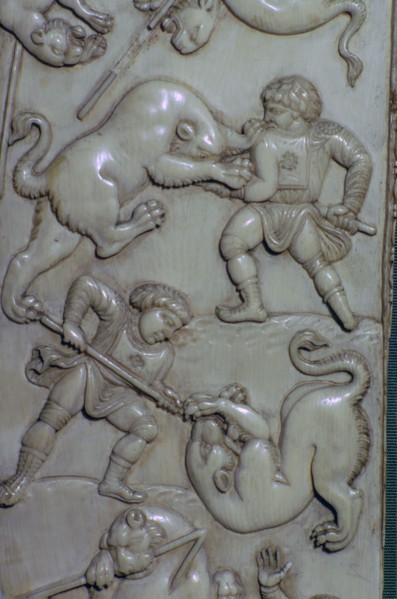 Detail from an ivory diptych of men fighting lions, 6th century. Artist: Unknown