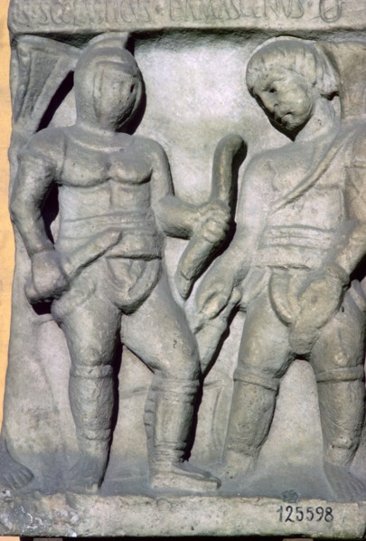 Roman relief of gladiators, 3rd century. Artist: Unknown