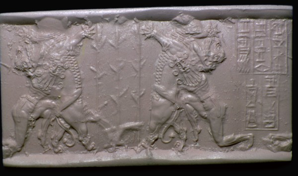 Akkadian cylinder-seal impression of Gilgamesh and a Lion. Artist: Unknown
