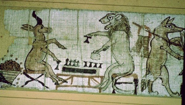 Detail from the Egyptian 'satirical papyrus' of a lion and a unicorn playing a board game. Artist: Unknown
