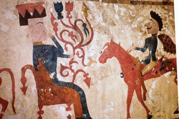 Detail of a horseman and seated man from felt Scythian wall-hanging. Artist: Unknown