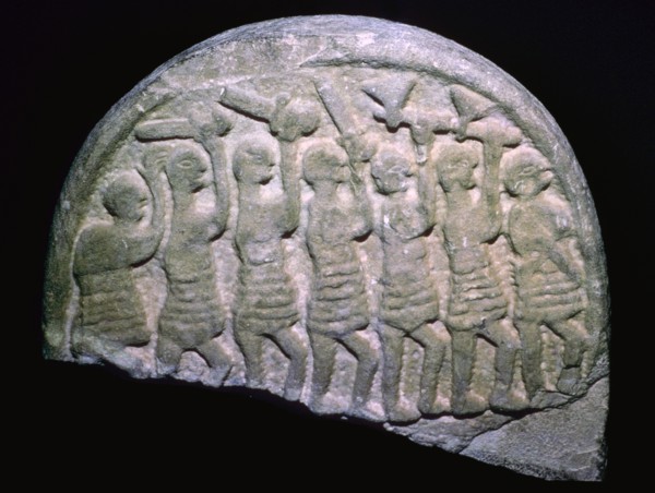 The Lindisfarne Stone showing warriors who may be vikings, Holy Island, Northumbria. Artist: Unknown