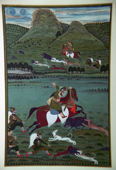 Painting of Maharana Jawan Singh hunting wild boars, 19th century. Artist: Unknown