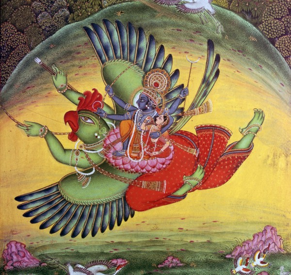 Painting of Vishnu and his consort Lakshmi riding on the bird-god Garuda. Artist: Unknown